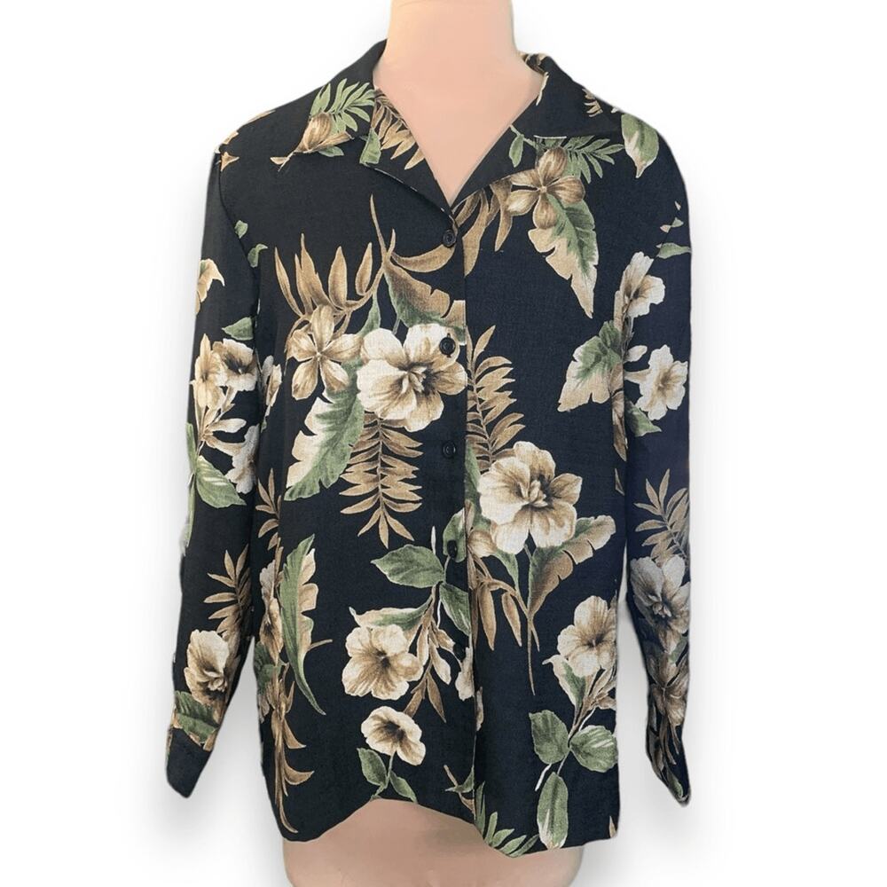 Vintage Alfred Dunner Oversized Shirt Jacket Black Tropical Floral Print Size 16